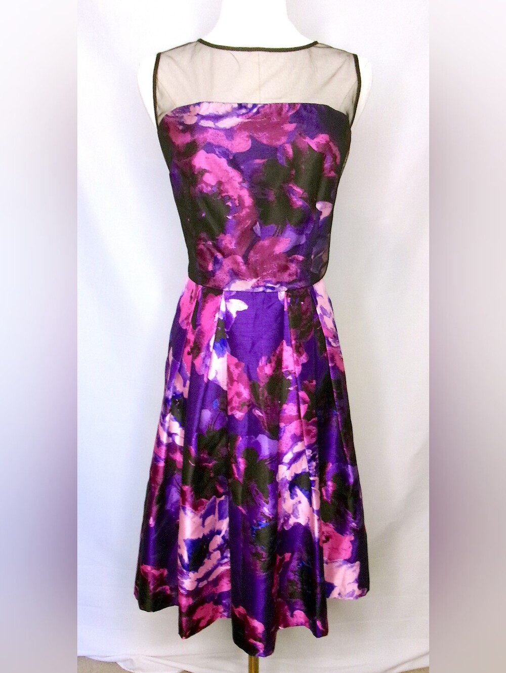 London Times Strapless Floral Satin Dress in Purple & Pink